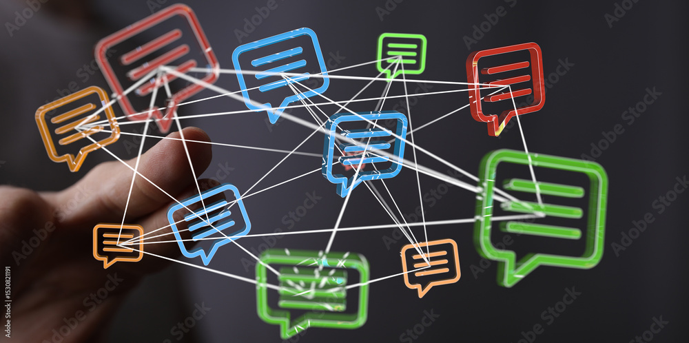Poster abstract image of interconnected speech bubbles. represents global communication, networking, and co