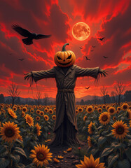 Halloween pumpkin scarecrow stands in sunflower field under red sky with full moon and flying crows creating spooky atmosphere