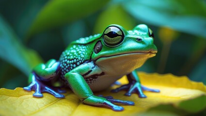 Obraz premium A Green Tree frog is perched on a leaf in the Daintree rainforest.