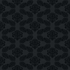 Luxury charcoal seamless pattern with ornate damask leaves arranged in a classic trellis design. An elegant, dark botanical background for sophisticated wallpaper and textiles.