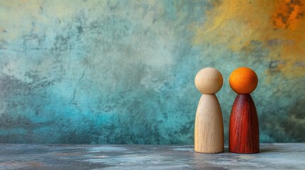 Artistic representation of wooden peg dolls in chaotic arrangement with colorful background