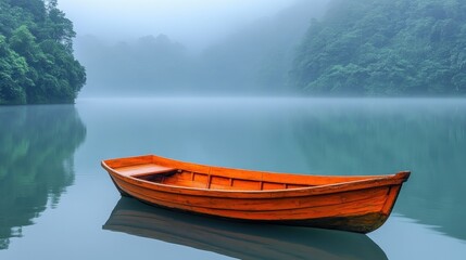 Serene wooden boat floating on a calm river at misty morning nature photography tranquil environment peaceful view