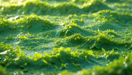 A green plant surface has developed on stagnant water.