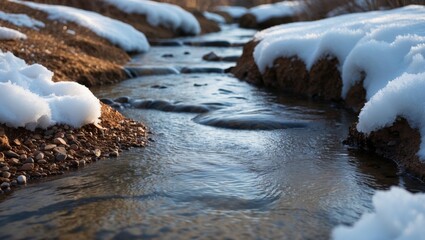 A gentle stream moves across a rocky bed, bordered by melting snow in a peaceful winter landscape.