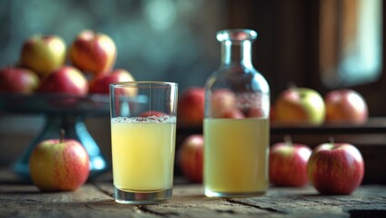 A healthy cloudy fermented vinegar with apples as decoration served in a glass on a wooden table