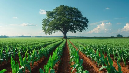A single oak tree standing in a lush cornfield with young sweet corn plants, featuring one oak in an agricultural field with a fresh crop of edible sweet corn prior to ripening.