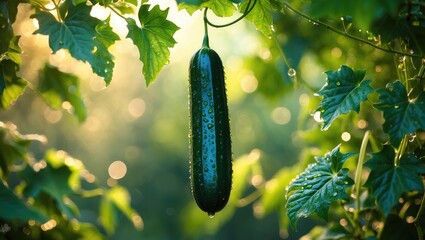 A green cucumber develops on a vine, encircled by green leaves.