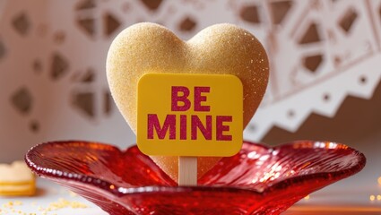 A glitter-dusted candy HEART in soft yellow and peach tones resting atop a crimson glass dish.