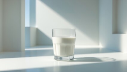 A glass of milk placed against a white background.