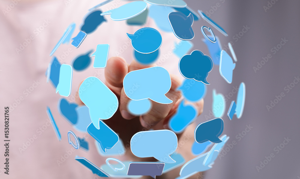 Poster Seamless global communication.  Interactive speech bubbles symbolize instant messaging and worldwide connectivity.