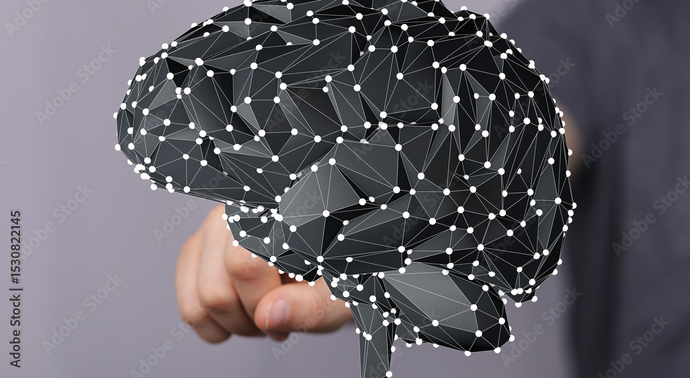 Poster stock photo of a 3d polygonal brain model. represents ai, neural networks, deep learning, and human 