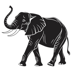 Black silhouette shows a striking elephant walking gracefully with its trunk raised smoothly