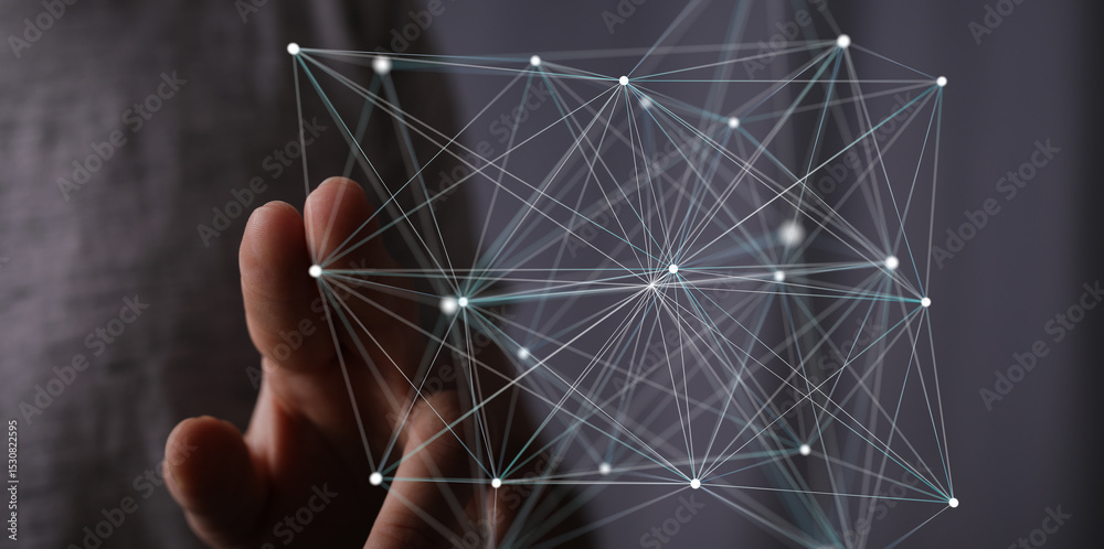 Poster Abstract image of a hand interacting with a digital network, representing connection and global communication.