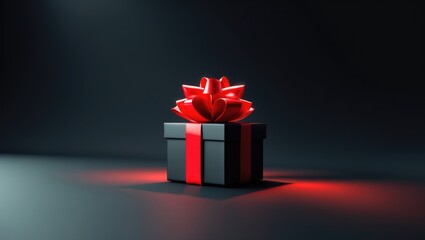 Black gift box with red ribbon tie and bow placed on a black background for the Black Friday shopping day concept.
