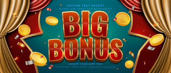 Big bonus jackpot text effect with coins, confetti, and curtains