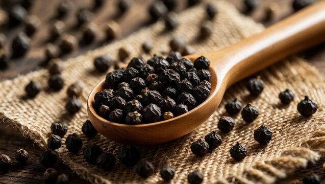 Black pepper in a wooden spoon
