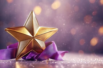 Golden Star Award Trophy with Purple Ribbon Achievement Success Recognition Prize