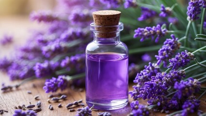A bottle of essential oil accompanied by fresh blooming lavender twigs.