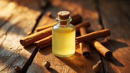 A container of essential oil accompanied by Ceylon cinnamon sticks placed on a table.