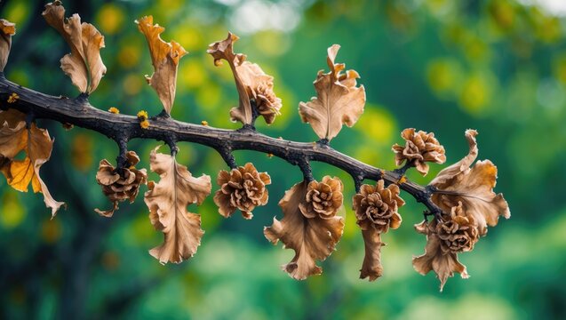 A walnut tree branch with flowers and leaves entirely destroyed by a night frost.