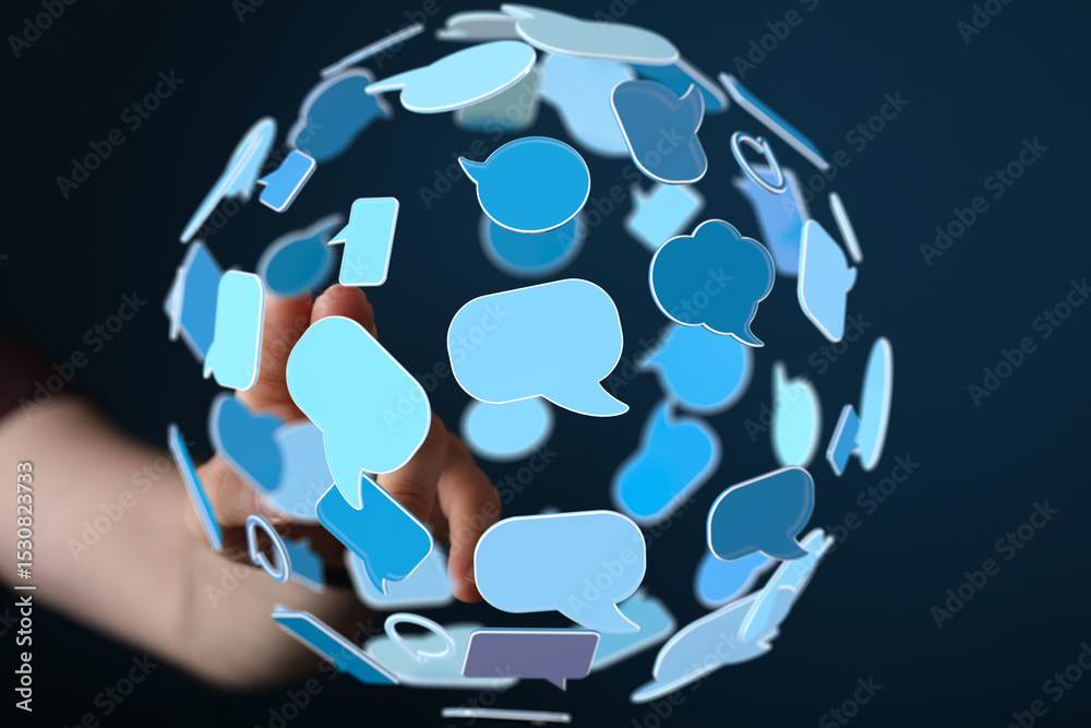 Poster Abstract image of speech bubbles surrounding a hand, symbolizing global communication and connection.