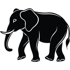 Strong black elephant strides forward, with white accent lines highlighting its muscular form