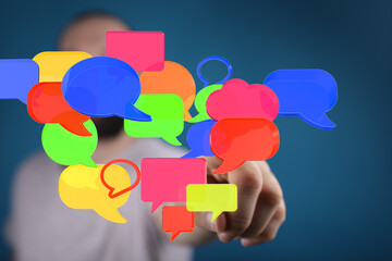 Abstract image of colorful speech bubbles, representing communication, social media, and online...