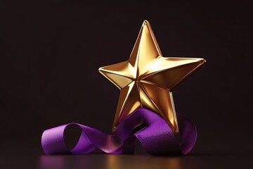 Golden Star Award Trophy with Purple Ribbon Achievement Success Recognition Prize