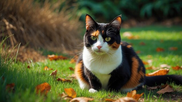 A calico cat relaxes peacefully on the grass, amid scattered autumn leaves, basking in the warm sunlight of a pleasant afternoon in a garden - Powered by Adobe
