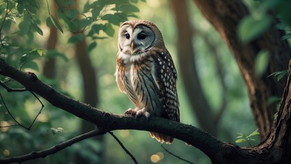 A bird perches on a tree branch within the forest.