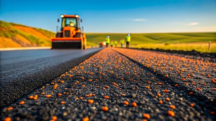 New asphalt road construction with machinery and workers in rural area
