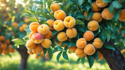 A cluster of ripe apricots hanging from a tree in an orchard. apricot background.