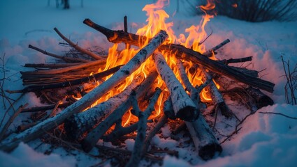 A bright fire is burning during a hiking trip.