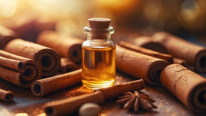 A bottle of essential oil accompanied by genuine Ceylon cinnamon sticks