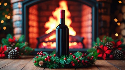 A bottle of wine placed in front of the fireplace and Christmas decoration background.