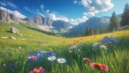 A sunny day in a mountain meadow. Natural summer landscape.
