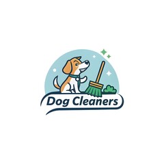 Obraz premium A cartoon dog with a broom and sparkles above the words dog cleaners in a speech bubble shape