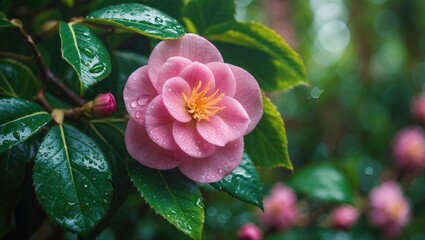 A blooming pink flower of Camellia located on the lower left screen, accompanied by a wet and rain-damaged leaf, with a full-screen bokeh background of green leaves.