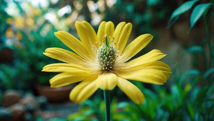 A vibrant yellow zinnia flower located in a garden setting