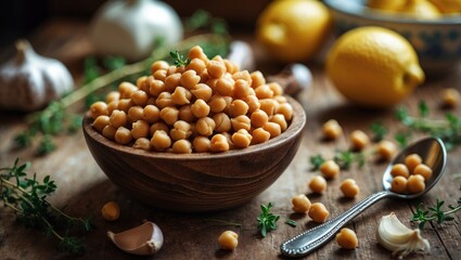 A rustic tabletop featuring a bowl of chick peas.