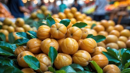A collection of Bouea macrophylla (also known as gandaria, Burmese plum, Marian plum, or mango plum) displayed at a local market in Thailand.