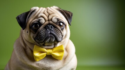 A beige pug wearing a yellow bow tie on a green background, a cute dog posing in a studio despite its obesity.