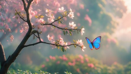 A blooming tree set against a natural background with a butterfly. The concept is vague.