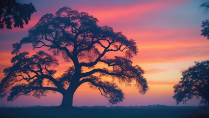 A stunning sunrise over a peaceful ocean and a verdant landscape of trees
