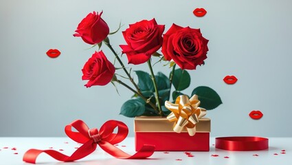 Festive background featuring a bouquet of red roses, gifts, and gold confetti shaped like stars on a white wooden table, top view. Empty template with space for editing.