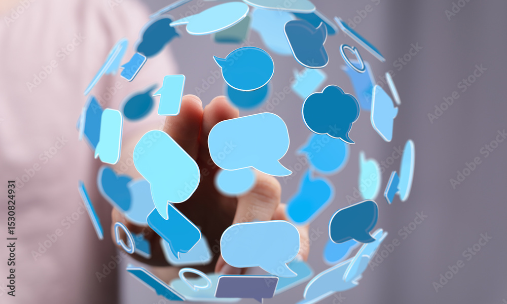 Poster illustrative image of a global communication network, showing interconnected speech bubbles.