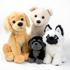 A group of four stuffed dog toys sitting together on a white background in a studio setting looking cute