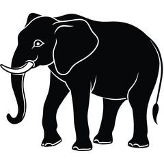 Detailed black elephant showcases distinctive tusks and large ears in simple design