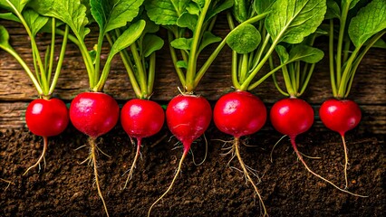 Fresh red radishes with green leaves arranged on soil over wooden surface

