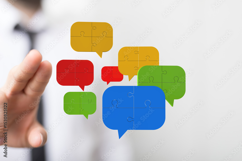 Poster Abstract image of puzzle pieces forming speech bubbles, symbolizing communication and collaboration.